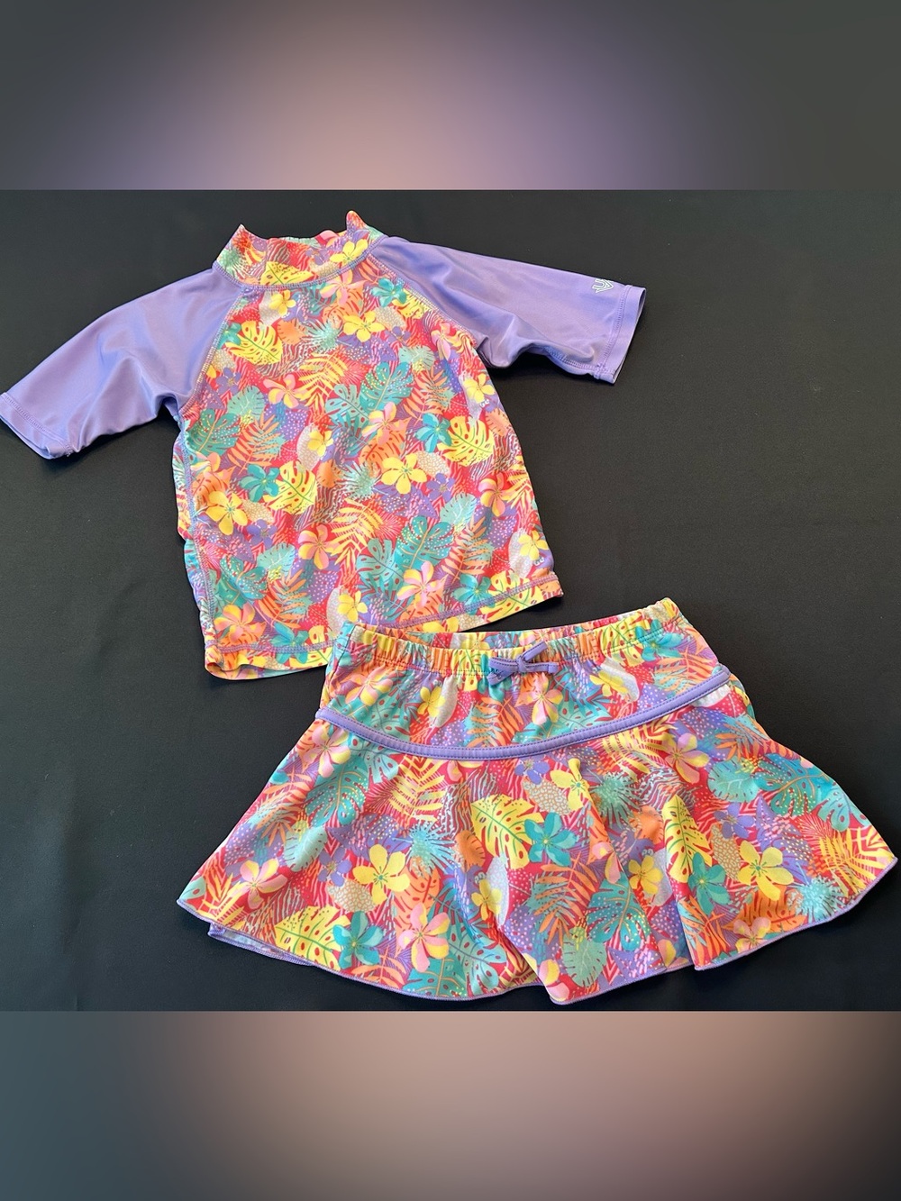 UV Skinz Girls Tropical Floral Rashguard Swim Skirt Swimsuit Set Sz 7